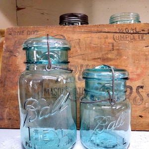 Two Vintage IMPERFECT Aqua Blue Ball Ideal Quart and Pint Sized Jars with MISMATCHED Very LIGHT Aqua Glass Lids Please Read Description