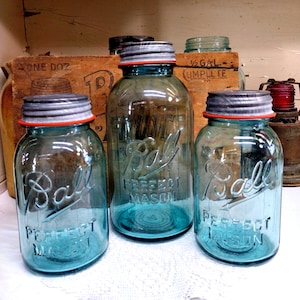 3 Vintage IMPERFECT Aqua Ball Perfect Mason Jars One Half Gallon and Two Quart Sized Jars Gripper Ribs and New Old Stock REGULAR Zinc Lids