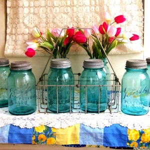 6 Vintage IMPERFECT Aqua Blue Quart Sized Ball Perfect Mason Jars Rustic Regular or Standard Ball Brand Zinc Lids PLEASE READ Description