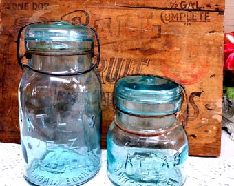 Two Vintage IMPERFECT Atlas E Z Seal Aqua Colored Jars Quart and Squatty Pint Sized with MISMATCHED Aqua Glass Lids and Wire Bails
