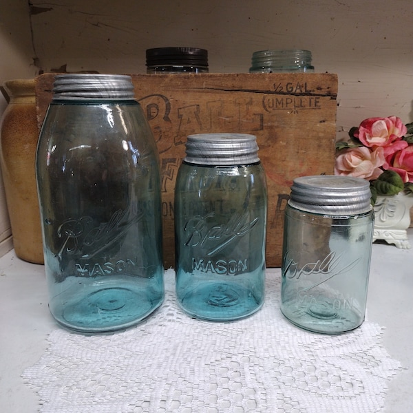 3 Antique IMPERFECT Aqua 3L Ball Mason Shoulder Seal Jars Half Gallon Quart and Pint Sized with Rustic STANDARD Mouth Zinc Lids