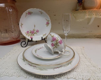 5 Piece Vintage Mismatched China Set  with Bonus Goblet Wedding China B1355