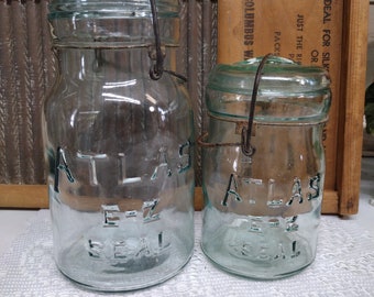 2 Vintage IMPERFECT Atlas E-Z Seal LIGHT Aqua Quart and Pint Sized Jars with Wire Bails and Light Icy Aqua Glass Lids