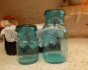 2 Vintage Reproduction Ball Ideal Bicentennial Aqua Blue Jars Pint and Quart Sized B771