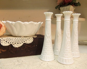5 Piece Vintage Milk Glass Bowl and Bud Vase Set or Lot Vintage Wedding  B1020