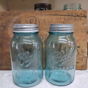 Two Aqua Blue IMPERFECT Quart Sized Ball Perfect Mason Jars with Offset Embossing Zinc Lids CHIPS to LIPS and Bead Seals image 1