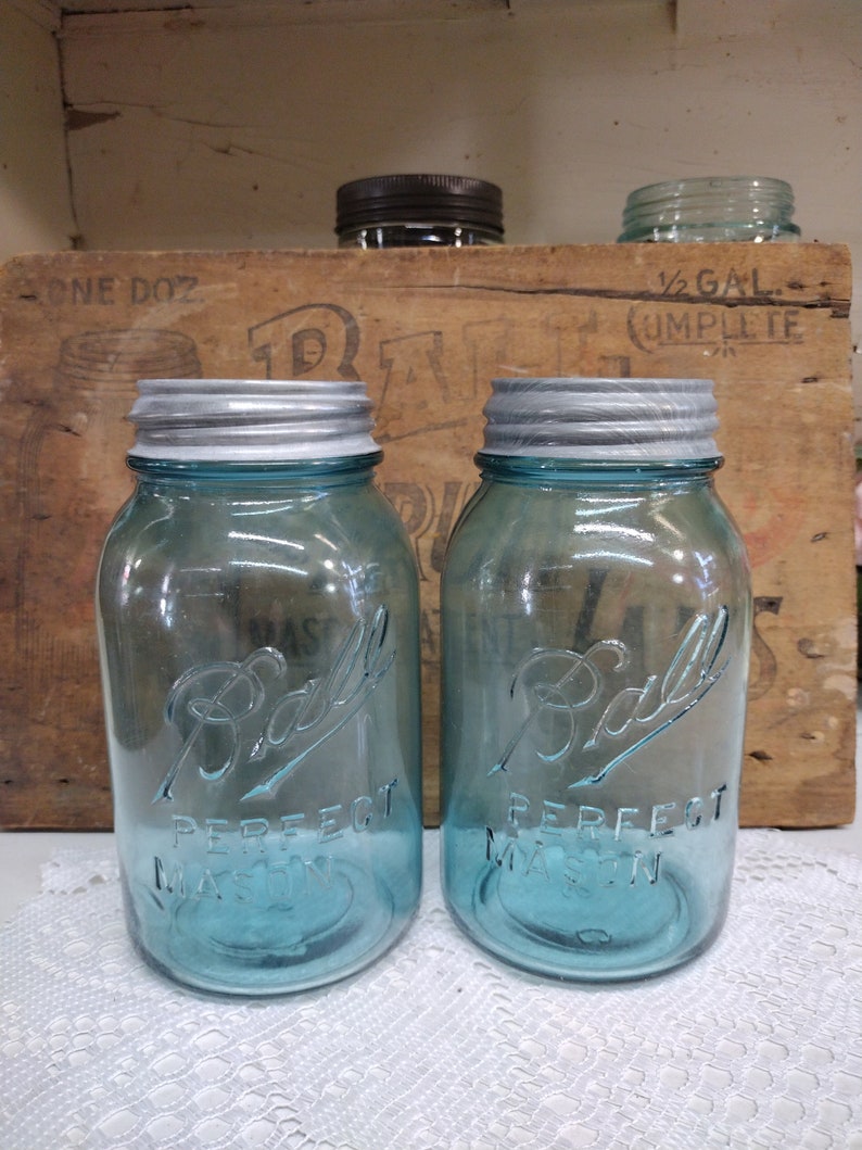 Two Aqua Blue IMPERFECT Quart Sized Ball Perfect Mason Jars with Offset Embossing Zinc Lids CHIPS to LIPS and Bead Seals image 1