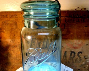 One Antique IMPERFECT Aqua Blue Ball Sure Seal Wide Mouth Quart Sized Jar with Aqua Lid Bail is Very Loose Lip is ROUGH