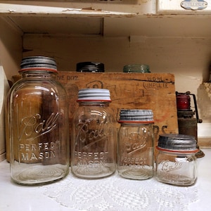 4 Vintage IMPERFECT Clear Ball Perfect Mason Jars with Regular Mouth Zinc Lids Half Gallon Quart Pint and Half Pint PLEASE See Description