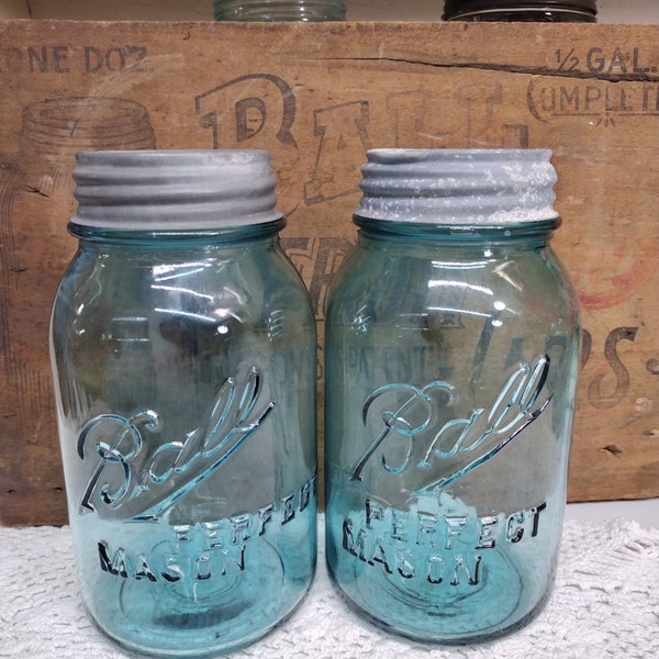 Two Vintage IMPERFECT Aqua Blue Ball Perfect Mason Quart Sized Jars with Rustic Zinc Lids SCRATCH And DENT Jars and Lids