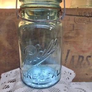 Antique Ball Sure Seal 2 Wide Mouth IMPERFECT Quart Sized Ball Blue Jar with Wire Bail and Aqua Blue Glass Lid