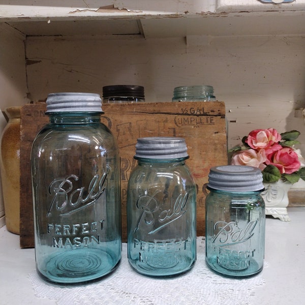 3 Vintage IMPERFECT Aqua Blue Ball Perfect Mason Jars Half Gallon Quart and Pint Sized Set with Gripper Lids and Regular Standard Zinc Lids