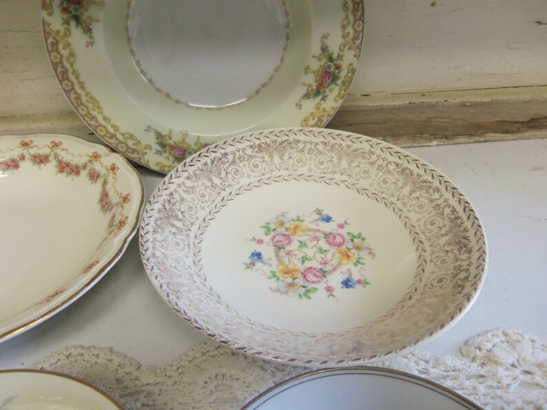 6 Piece Vintage China Shallow Bowl Set Mismatched Wedding China Pinks and Golds B1052 image 4