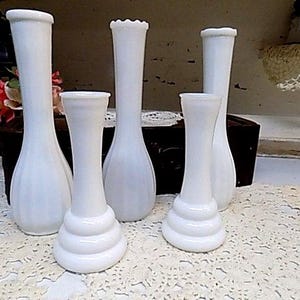 5 Vintage IMPERFECT White or Milk Glass Bud Vases Wedding Party Decor STAINING to the Glass Inside the Vases