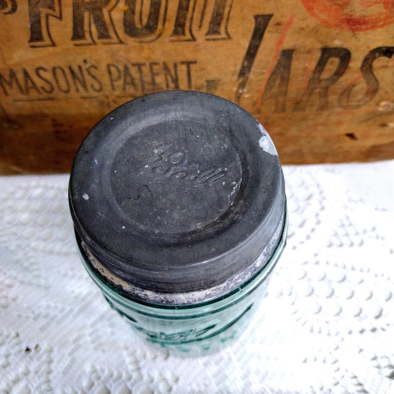 One Antique Aqua Blue 3 L Ball Mason Pint Sized Jar with Rustic Zinc Lid CHIP to LIP Imperfect Jar Please Read Description image 6