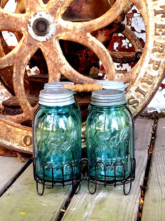 4 Vintage IMPERFECT Aqua Blue Ball Perfect Mason Quart Sized Jars With Modern Wire Carrier Lifter 218