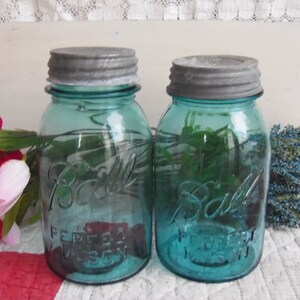 Two Vintage SLIGHTLY IMPERFECT Ball Perfect Mason Aqua Colored Quart Sized Jars Regular or Standard Mouth with Rustic Zinc Lids image 1