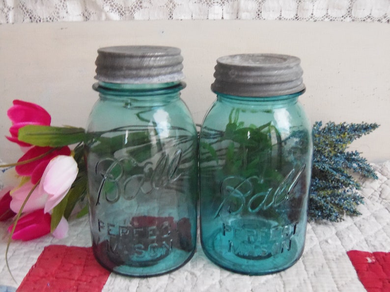 Two Vintage SLIGHTLY IMPERFECT Ball Perfect Mason Aqua Colored Quart Sized Jars Regular or Standard Mouth with Rustic Zinc Lids image 1