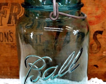 One Vintage CHIPPED Aqua Blue Ball Ideal Quart Sized Jar with MISMATCHED LIGHT Aqua Glass Lid and Wire Bail Light Patchy Haze