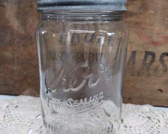 One Vintage Kerr Self Sealing Wide Mouth Mason Jar with Rustic Wide Mouth Zinc Lid SMALL CHIP to Lip of Jar Zinc Lid with Handwriting