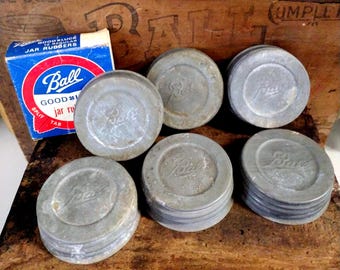 6 Vintage REGULAR or STANDARD mouth IMPERFECT Rustic Zinc Canning Jar Lids Ball Brand with White Porcelain Liners Some Warping Will Fit Test