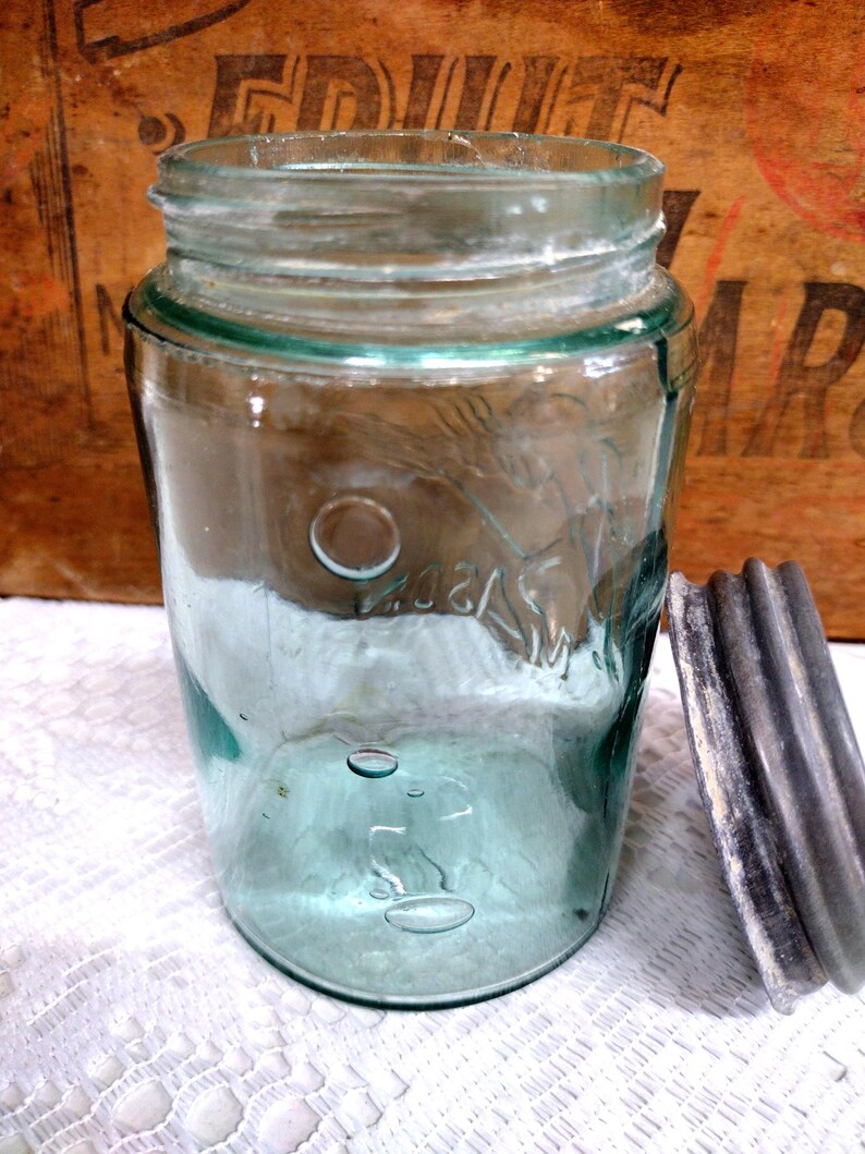 One Antique Aqua Blue 3 L Ball Mason Pint Sized Jar with Rustic Zinc Lid CHIP to LIP Imperfect Jar Please Read Description image 8