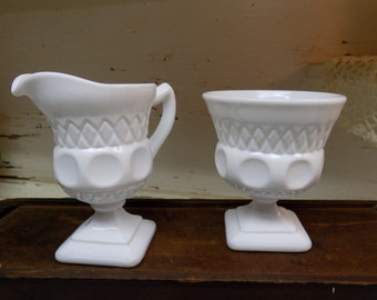 Vintage White or Milk Glass Thumbprint Pattern Sugar and Creamer Set B1214