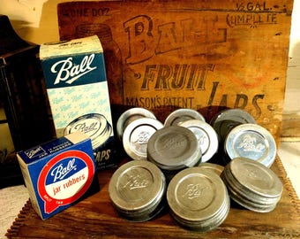 12 Vintage REGULAR or STANDARD Mouth Zinc Canning Jar Lids Ball Brand White Porcelain Liner Box Included Ball Jar Gaskets New Old Stock