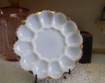 One Vintage IMPERFECT White or Milk Glass Anchor Hocking Deviled Egg Plate with Worn Gold Colored Trim  1407
