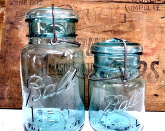 Two Vintage IMPERFECT Aqua Blue Ball Ideal Quart and Pint Sized Jars with MISMATCHED Very LIGHT Aqua Glass Lids Please Read Description