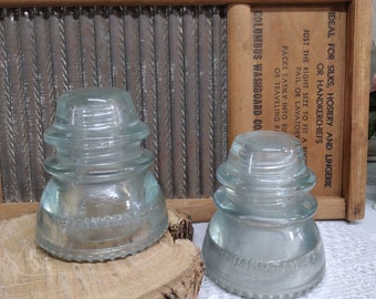 Two Vintage IMPERFECT Very Light Aqua Glass Insulators Hemingray 42 Made In USA Small Chip to One Insulator Heavy Scuffing Some Haze