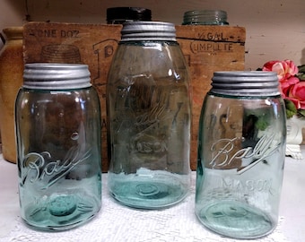 3 IMPERFECT Antique Aqua 3L Ball Mason Jars One Half Gallon Sized Two Quart Sized Jars Rustic Zinc Lids Shoulder Seal Jars STANDARD Mouth