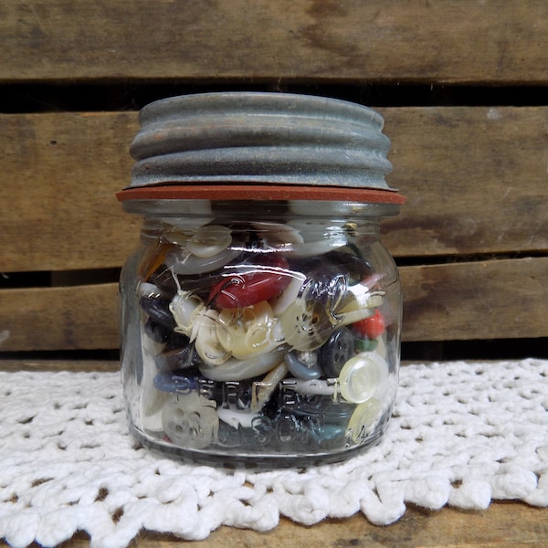 One Vintage Half Pint Ball Perfect Mason Clear Jar Full of Vintage Plastic Buttons Zinc Lid Included  B1440