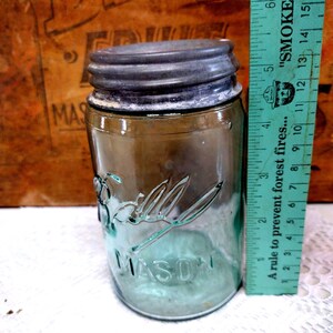 One Antique Aqua Blue 3 L Ball Mason Pint Sized Jar with Rustic Zinc Lid CHIP to LIP Imperfect Jar Please Read Description image 2