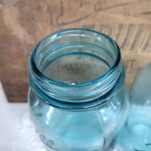 Two Aqua Blue IMPERFECT Quart Sized Ball Perfect Mason Jars with Offset Embossing Zinc Lids CHIPS to LIPS and Bead Seals image 5