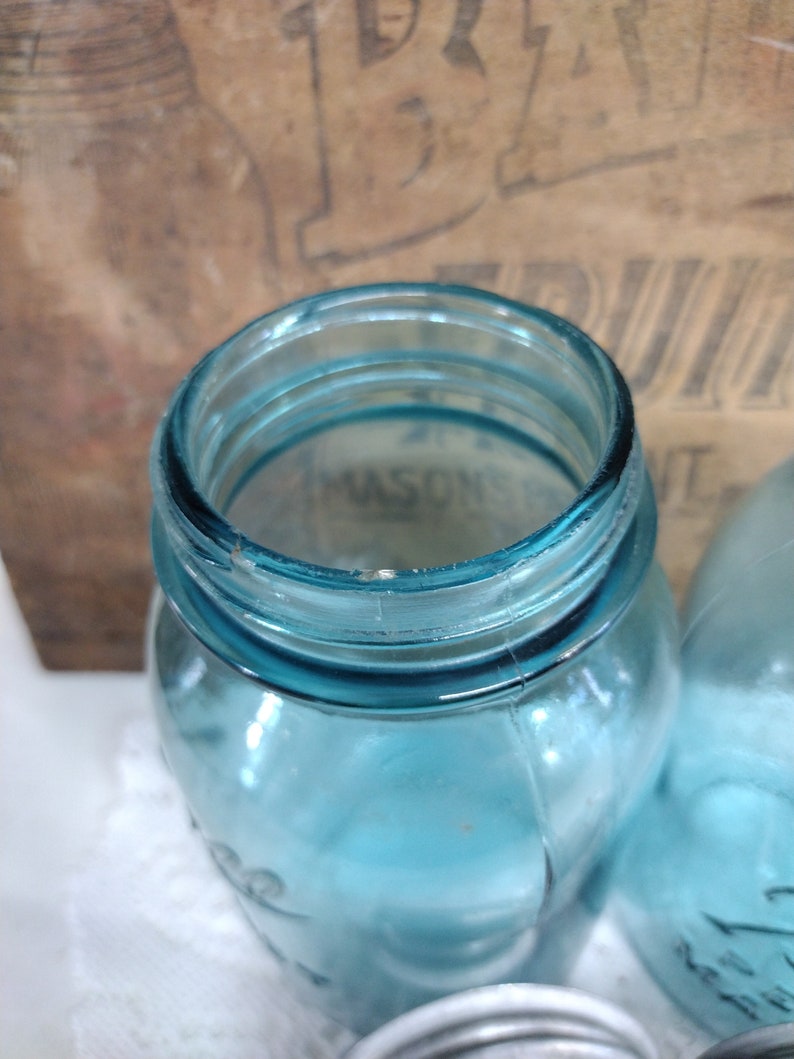 Two Aqua Blue IMPERFECT Quart Sized Ball Perfect Mason Jars with Offset Embossing Zinc Lids CHIPS to LIPS and Bead Seals image 5