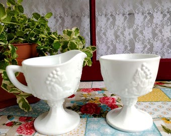 Vintage IMPERFECT milk glass cream and sugar set possible Colony Glass grape pattern Unmarked Creamer bowl is SHABBY