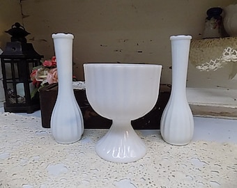 3 Piece Vintage White or Milk Glass Vases and Compote Set Wedding Vase Lot  B883