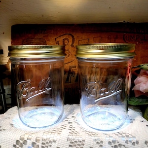 2 Vintage IMPERFECT Ball Mason Clear Pint Sized Jars with Two Piece Modern Metal Lids and Bands WIDE MOUTH Jars