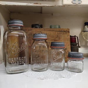 4 Vintage IMPERFECT Clear Ball Perfect Mason Jars with Regular Mouth Zinc Lids Half Gallon Quart Pint and Half Pint PLEASE See Description
