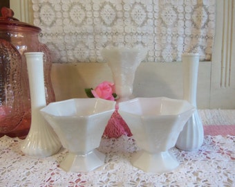5 Piece Vintage White or Milk Glass Footed Candy Dish and Vase Set  B304