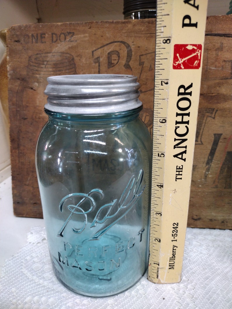 Two Aqua Blue IMPERFECT Quart Sized Ball Perfect Mason Jars with Offset Embossing Zinc Lids CHIPS to LIPS and Bead Seals image 2