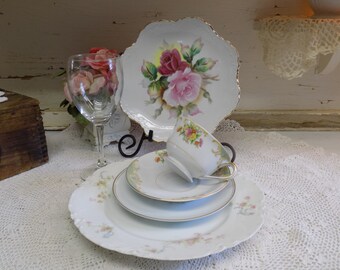 5 Piece Vintage Mismatched China Set  with Bonus Goblet Wedding China One Plate is Decorative Hand Painted B1126C