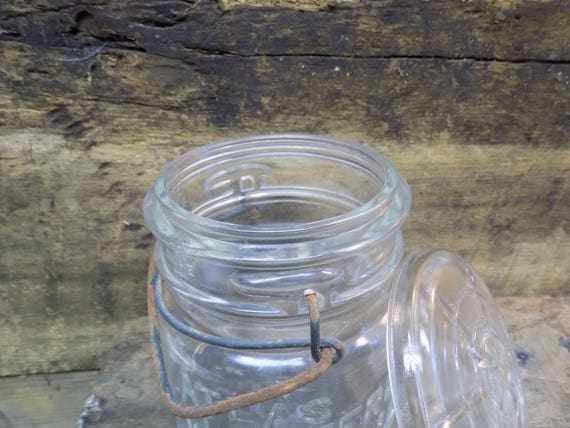 Vintage Atlas Wholefruit Clear Pint Wide Mouth Jar with Glass Lid & Wire Bail 