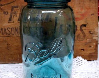 One Antique Ball Mason Aqua Blue Quart Sized Bead Seal Jar with Tall B Zinc Lid SMALL CHIP to LIP of the Jar Very Pretty Antique Jar