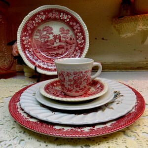 6 Piece Vintage IMPERFECT Mismatched China place setting Tea Party Red and White Wedding China 1367