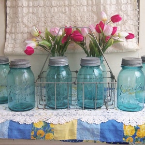 6 Vintage Aqua Blue Quart Sized Ball Perfect Mason Jars SLIGHTLY IMPERFECT with Rustic Zinc Lids