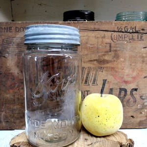 One Vintage SLIGHTLY IMPERFECT Kerr Self Sealing Wide Mouth Mason Jar with Rustic Wide Mouth Zinc Lid Handwriting to Lid Patchy Haze to Base