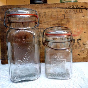 2 Antique IMPERFECT Queen Clear Fruit Jars Wire Bails Glass Lids Quart and Pint Size DEEP LINES in the Glass of Quart Jar See Description
