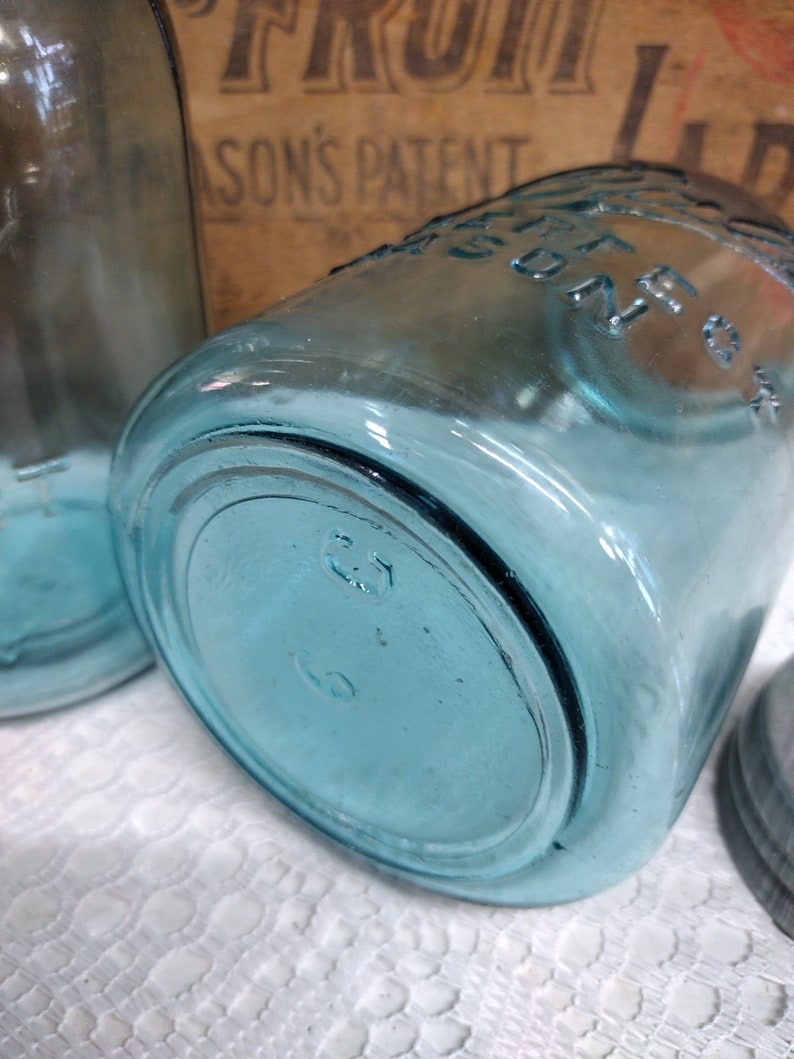 Two Aqua Blue IMPERFECT Quart Sized Ball Perfect Mason Jars with Offset Embossing Zinc Lids CHIPS to LIPS and Bead Seals image 9